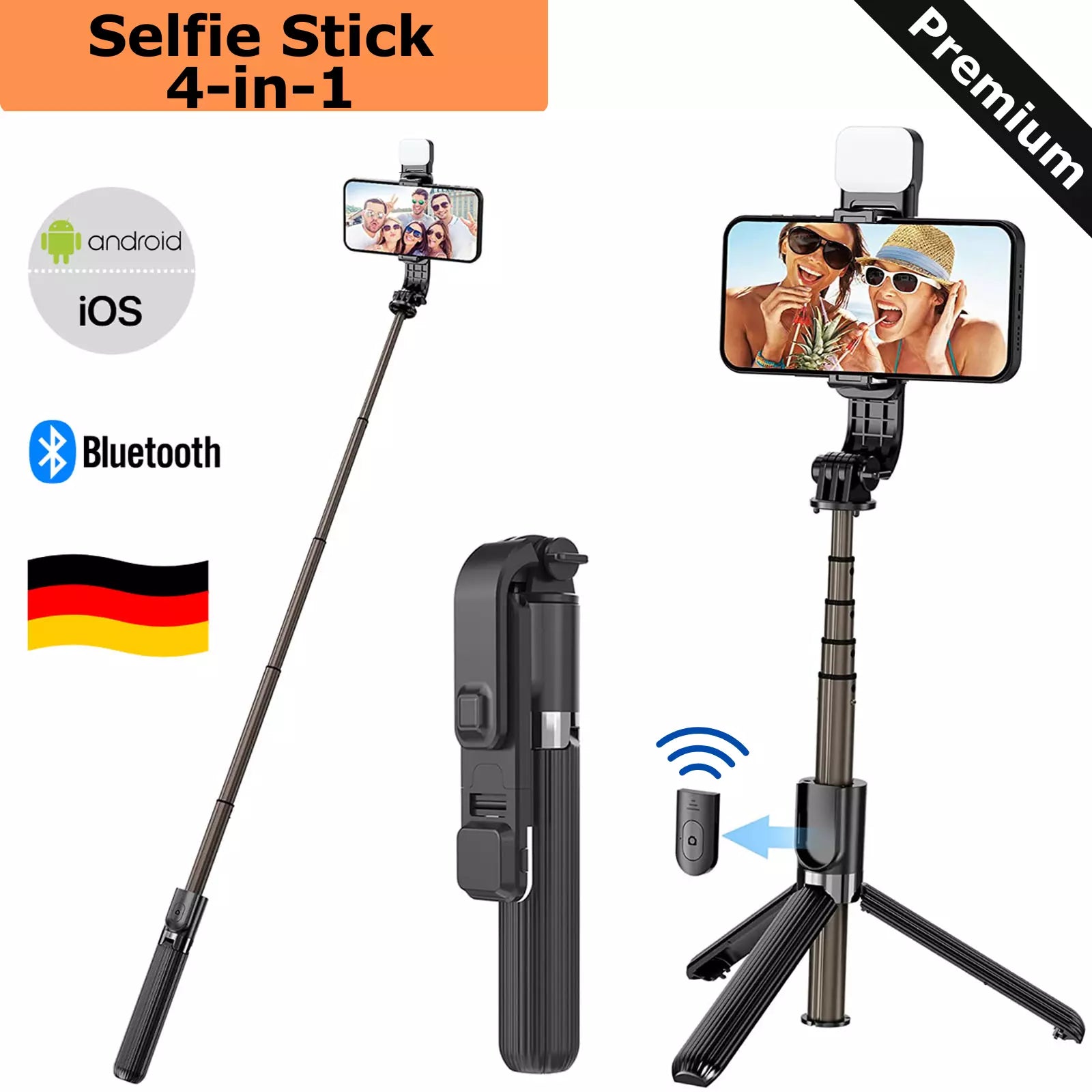 Selfie Stick Bluetooth mit Licht 4 in 1 für Smartphone Stativ Teleskop Stange